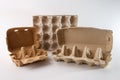 Cardboard egg cartons in different styles, including open, closed, and lidless designs, emphasizing variations in Royalty Free Stock Photo