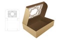 Cardboard folding box with stenciled window die cut template and 3D mockup