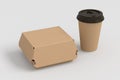 A cardboard food box and take away coffee or tea cup mock up on white background