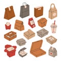 Cardboard food delivery containers. Paper takeaway food packaging, carton bags and boxes. Fast food wrappers flat vector