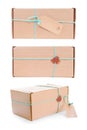 Cardboard gift box tied with blue string three views set. Isolated on white, clipping path included Royalty Free Stock Photo