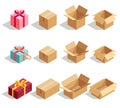 Cardboard gift boxes opened and closed. 3D isometric vector icons for delivery infographics Royalty Free Stock Photo