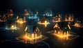 Cardboard houses with beautiful neon lights at black background, representing new properties on market,