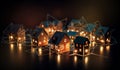 Cardboard houses with beautiful neon lights at black background, representing new properties on market,