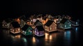 Cardboard houses with beautiful neon lights at black background, representing new properties on market,