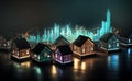 Cardboard houses with beautiful neon lights at black background, representing new properties on market,