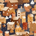 Cardboard houses under snow. Christmas greeting card. Generative AI seamless image.