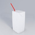 Cardboard juice box with straw mockup isolated on white background. 3d rendering