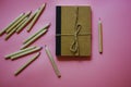 Cardboard notepad for notes tied with sacking rope bow flatly Wooden pink pencil