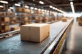 Cardboard Package on Conveyor Belt in Automated Warehouse Sorting System Royalty Free Stock Photo