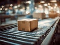 Cardboard package moving on conveyor roller in a distribution center surrounded by blurred industrial background and soft warm Royalty Free Stock Photo