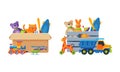 Cardboard and plastic box full of toys set. Train, pyramid, truck, sword, skateboard colorful toys for kids cartoon