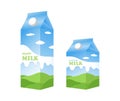 Cardboard rectangular high and small milk box packaging with pattern of meadows, sky and clouds and inscription, vector