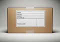 A cardboard shipping box with a blank white label on the front Royalty Free Stock Photo