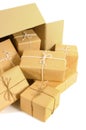 Cardboard shipping box with several brown paper packages inside