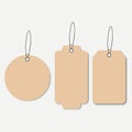 Cardboard tags. Empty hanging label with string. Vector.