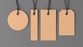 Cardboard tags of various shapes mockup on gray background. View directly above