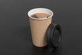 Cardboard take away coffee paper cup mock up with opened black lid on black background Royalty Free Stock Photo
