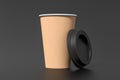 Cardboard take away coffee paper cup mock up with opened black lid on black background Royalty Free Stock Photo