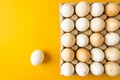 Cardboard tray full of natural farm chicken eggs and one white egg isolated on yellow background. Easter holiday. Royalty Free Stock Photo