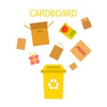 Cardboard waste yellow bin. Waste sorting and recycling concept. Color vector ilustration