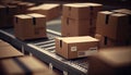 Cardboards boxes on the conveyor belt realistic. AI generated Royalty Free Stock Photo