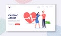Cardiac Arrest Landing Page Template. Female Character Trying to Help Diseased Passerby with Heart Attack, First Aid