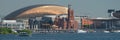 Cardiff Bay skyline, taken from the water, showing the Millennium Centre, Pierhead Building and other buildings on the harbour