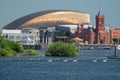 Cardiff Bay skyline, taken from the water, showing the Millennium Centre, Pierhead Building and other buildings on the harbour