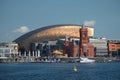 Cardiff Bay skyline, taken from the water, showing the Millennium Centre, Pierhead Building and other buildings on the harbour