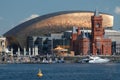 Cardiff Bay skyline, taken from the water, showing the Millennium Centre, Pierhead Building and other buildings on the harbour