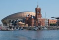 Cardiff Bay skyline, taken from the water, showing the Millennium Centre, Pierhead Building and other buildings on the harbour