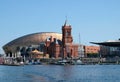 Cardiff Bay skyline, taken from the water, showing the Millennium Centre, Pierhead Building and other buildings on the harbour