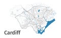Cardiff map. Detailed map of Cardiff city administrative area. Cityscape panorama
