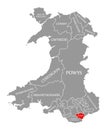 Cardiff red highlighted in map of Wales