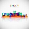 Cardiff skyline silhouette in colorful geometric style.