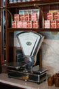 Old Scales in grocery shop at St Fagans National Museum of History in Cardiff on April 27