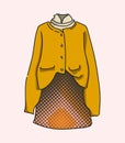 Cardigan Jacket with Skirt, Autumn look, Ochre color. Illustration for magazines and shops