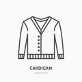 Cardigan, sweater flat line icon. Apparel store sign. Thin linear logo for clothing shop