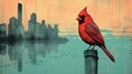 Noir Comic Art: Red Bird On Post With City Skyline View