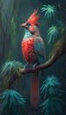 A cardinal bird sitting on exotic twig in jungle, color harmony, AI generative