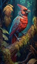 A cardinal bird sitting on exotic twig in jungle, color harmony, AI generative