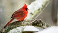 Cardinal on a perch during a snowy day. Royalty Free Stock Photo