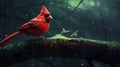 Cardinal is perched on a nearby branch