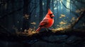 Cardinal is perched on a nearby branch