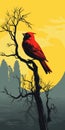 Nightmarish Red Cardinal Bird On Tree: Bold And Colorful Illustration