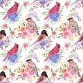 Cardinals juncos and waxwings on rose blossoms- Seamless birds watercolor background