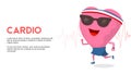 Cardio concept funy running heart cartoon with smiling happy face character wear sunglasses doing exercise to keep keeps your hear