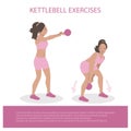 Kettlebell exercises on white background. Workout schedule for women. Healthy and fit young black girl. Flat Illustration