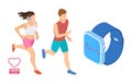 Cardio workout concept. Isometric runners monitoring heart activity. Smart fitness vector illustration